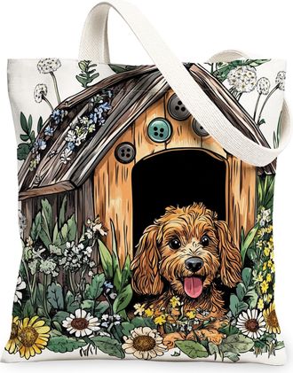 Generic Spring Cockapoo Dog Canvas Tote Bag for Shopping 13x15, Fun Flower Puppy Kennel Reusable Grocery Print Pattern Bag for Women, Cute Pet Beach Aesthetic