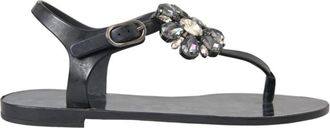Dolce & Gabbana Zwarte Kristal Plat Sandalen - Dames - Sandalen - Zwart - 35 EU - Leer - Schoenen