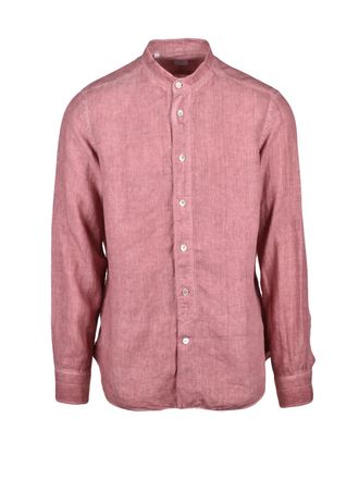 Eleventy Brown Mandarin Collar Linen Shirt