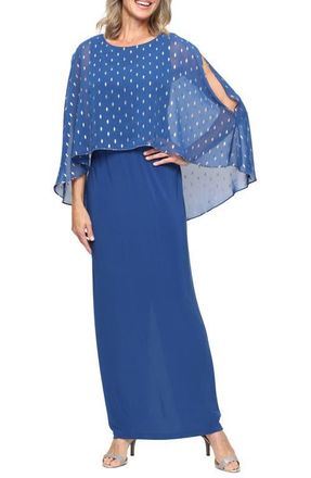 S.L. Fashions Foil Print Chiffon & Matte Jersey Column Gown in Dark Blue at Nordstrom, Size 12