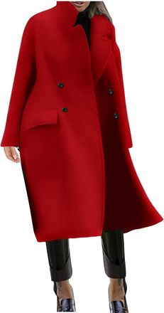 Generic Womens Long Wool Coat Elegant Lapel Collar Winter Jackets Plus Size Longline Double-Breasted Pea Coat Ladies Smart Outerwear Overcoat for Work Office 