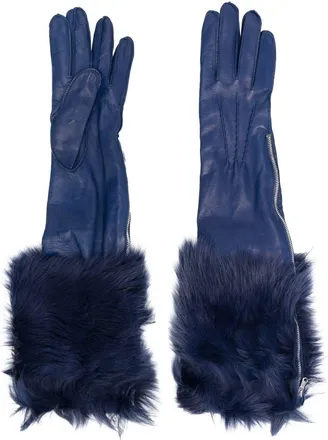 Alberta Ferretti shearling-trim leather gloves - women - Sheepskin/Lamb Skin - 7.5 - Blue