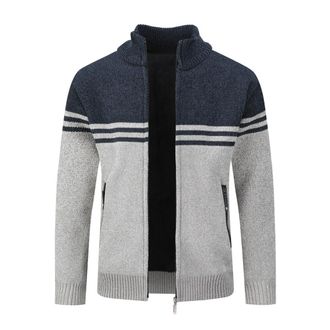 AlltheMen YOUTHUP Mens Fleece Lined Cardigan Stand Collar Sweater Knitted Jumper Thick Winter Knitwear Coat, Blue Navy-8760, 3XL