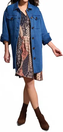 Tribal Quilted Cotton Button Front Shacket In Blue Bliss