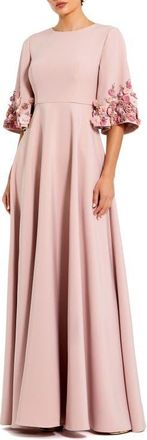 Mac Duggal Petite Crepe 3/4 Sleeve A-line Gown With Flower Trim in Rose at Nordstrom, Size 12