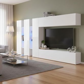 Dmora Dmora - Pared Equipada Dattard, Conjunto De Sal&oacute;n Mueble Tv Con 5 Puertas, Mueble De Sal&oacute;n Polivalente, 100% Made In Italy, Cm 340x30h180, Blanco Bril