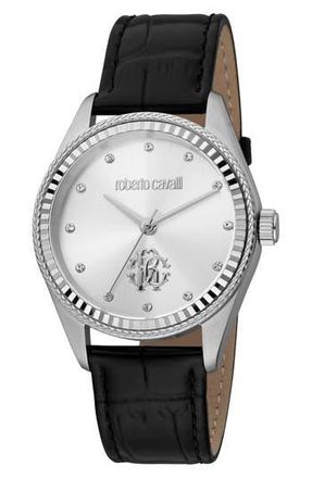 Roberto Cavalli Three-Hand Quartz Croc Embossed Leather Strap Watch, 39mm in Black at Nordstrom Rack