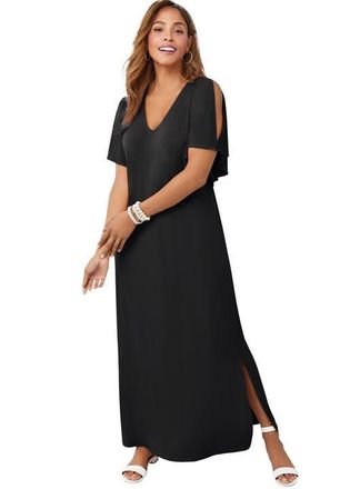Jessica London Stretch Knit Cold Shoulder Maxi Dress in Black at Nordstrom, Size 12