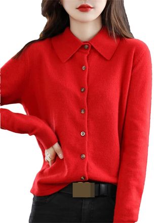Generic Long Sleeve Women Knit Sweater Merino Wool Cardigan Solid Turn Down Collar Cashmere Knitwear Red M