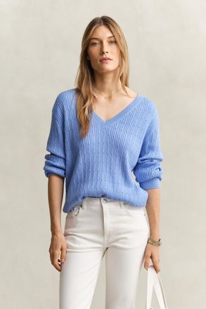 GANT Women Cable Knit V-Neck Sweater (XXL) HYDRANGEA BLUE