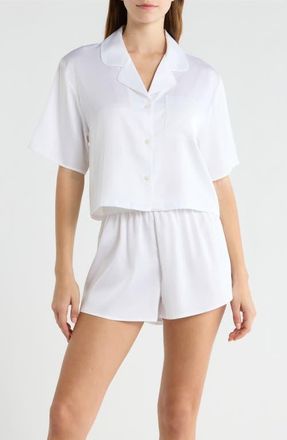 Open Edit Boxy Stretch Satin Short Pajamas in White at Nordstrom, Size X-Small