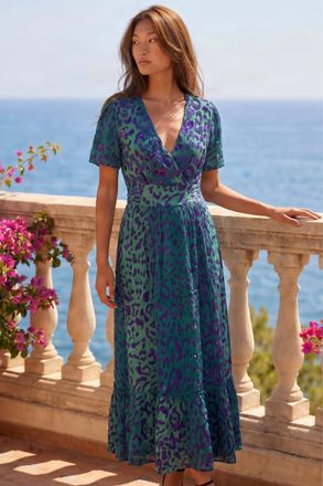 Roman Womens Animal Print Beaded Midi Dress - Teal - Size 16 UK