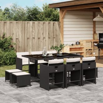 vidaXL Set De Comedor Jard&iacute;n 11 Pzas Con Cojines Rat&aacute;n Sint&eacute;tico Negro Vidaxl