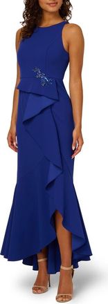 Adrianna Papell Beaded Appliqu&eacute; Ruffle Crepe Gown in Royal Sapphire at Nordstrom, Size 14