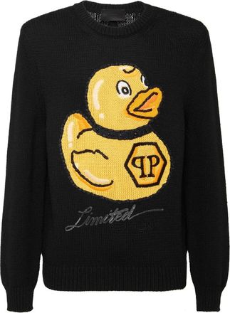 Philipp Plein Wollen Mix Pullover Handgemaakte Borduurwerk PP Duck - Heren - Ronde hals truien - Zwart - 4XL - Wol - Truien & Vesten