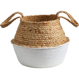 Nearly Natural 14-in Boho Chic Handmade Cotton & Jute White Woven Basket Planter in Beige at Nordstrom