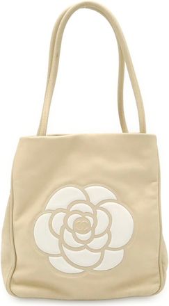 Chanel Camellia Beige White Leather Shoulder Bag Tote Bag (Pre-Owned)