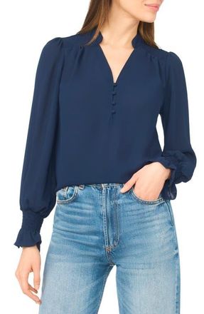CeCe by Cynthia Steffe Half Placket Smocked Accent Top in Classic Navy at Nordstrom, Size X-Large