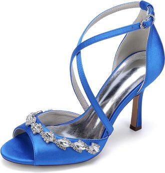 Generic Womens High Heel Sandals Open Toe Bridal Satin Crystal Stiletto Wedding Shoes Formal Prom Party Dress Shoes 9.5Cm,Royal Blue,10 UK