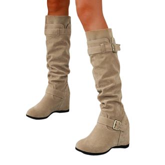 Generic Ladies Calf Length Boots, Knee High Boots Women Stretchy Boot Heels Wide Calf Sexy Shoe Leather Comfortable Shoes Suede Winter Flexible Beige 5.5