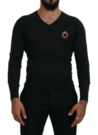 Dolce & Gabbana Mens Vneck Sweater Sacred Heart Appliqu - Black Cashmere - Size EU 44 (Mens)