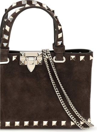 Valentino Garavani Womens Mini Handbag Rockstud Suede Ebony Brown Calf Leather Handbags Hand Bags