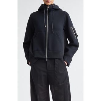 sacai Sponge Sweat x Nylon Twill Full Zip Hoodie in Black at Nordstrom, Size 4