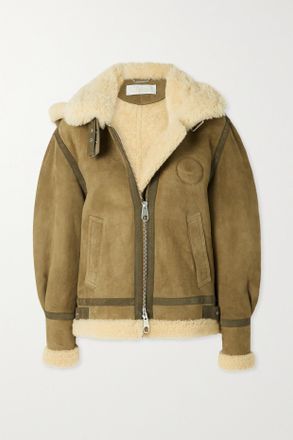 Chlo&eacute; Hooded Suede-trimmed Shearling Jacket - Verde