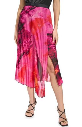 DKNY Print Pleated Asymmetric Midi Skirt in Shocking Pink Multi at Nordstrom, Size X-Large