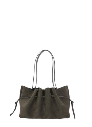 Yuzefi Draped Brown Suede Shoulder Bag With Scalloped Structure