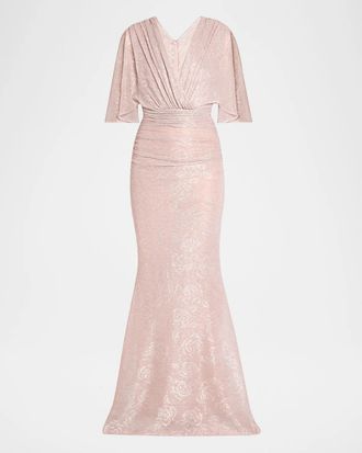 Talbot Runhof Floral Metallic Draped V-Neck Gown