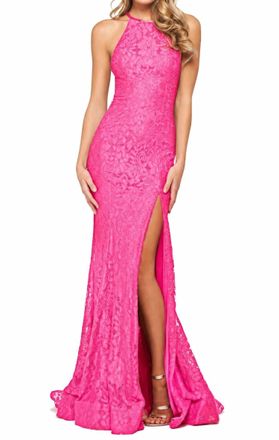 Sherri Hill Beaded Lace Halter Gown In Bright Pink