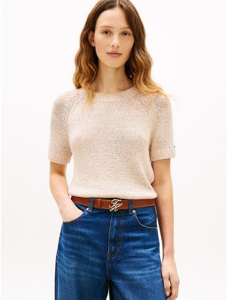 Tommy Hilfiger Womens Short-Sleeve Open-Knit Sweater - Beige - XXL