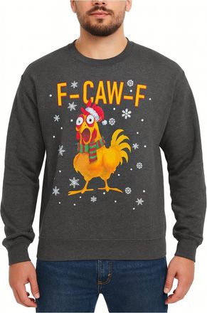 Janisramone F-Caw-F Funny Christmas Jumpers for Men, Long Sleeve Chicken Santa Hat Mens Sweatshirts, Raven Crow Crew Neck Ugly Xmas Jumpers Men, Breathable Party 