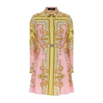 Versace Shirt Dresses, female, Multicolor, Size: S Printed Silk Twill Mini Shirt Dress