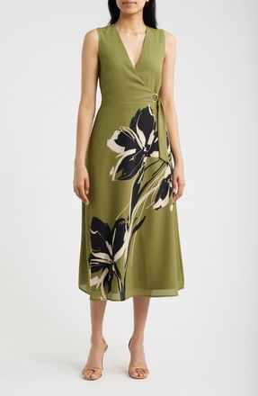 Anne Klein Print Sleeveless Faux Wrap Midi Dress in Bay Leaf Multi at Nordstrom, Size 2