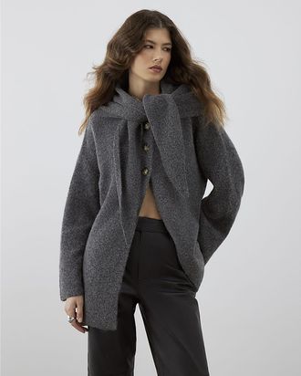 River Island Womens Cardigan RI Studio Grey Scarf Alpaca Blend - Dark Grey Fleece - Size Medium