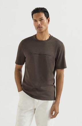 Brunello Cucinelli Cotton jersey crew-neck T-shirt with embroidery and print in Brown at Nordstrom, Size Xxx-Large
