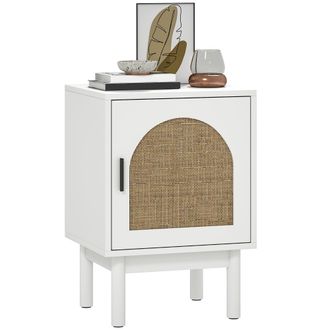 HOMCOM Boho Bedside Table with Rattan Door and Adjustable Shelf - White | TJ Hughes