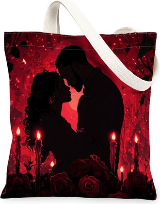 Generic Romantic Valentines Day Canvas Tote Bag for Shopping 13x15, African American Couple Love Wedding Reusable Grocery Print Pattern Bag for Women, Lover B