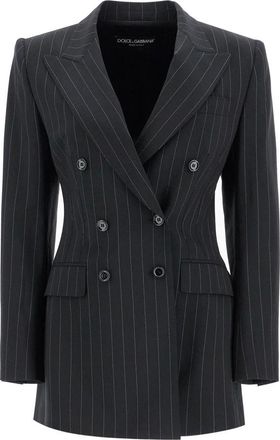 Dolce & Gabbana Pinstripe Double-Breasted Jacket - Dames - Blazers - Zwart - L - Wol - Jassen