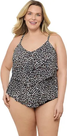 Aqua Green Plus Size Triple Ruffle Tier Adjustable Tankini Swimsuit Top in Desert Leopard at Nordstrom, Size 2X