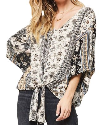 Promesa Floral Ornate Kimono Blouse In Cream/black