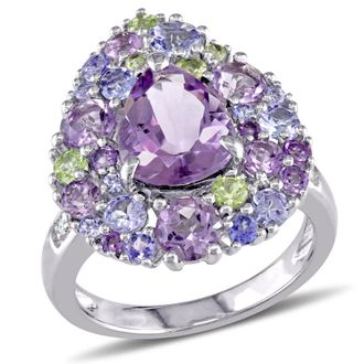 Amour 4 1/2 CT TGW Tanzanite, Rose De France, Peridot and Amethyst Pear-shape Cluster Cocktail Ring In Sterling Silver