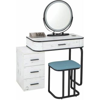 Costway Dressing Table Vanity Set Makeup Stool LED Light 3-Drawer Chest Storage Shelves