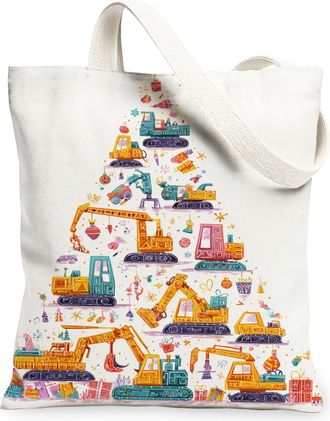 Generic Christmas Construction Vehicles Canvas Tote Bags, Heavy Machinery Pattern Reusable Grocery Bags, Fun Lightweight Washable S, White, 13x15 Inch
