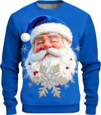 Generic Mens Ugly Christmas Jumper with 3D Santa Print Funny Knitted Xmas Sweater Long Sleeve Crew Neck Soft Knitted Winter Pullover for Holiday Parties and F
