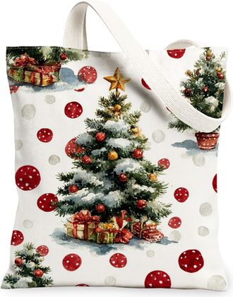 Generic Christmas Tree Canvas Tote Bags, Holiday Design Reusable Grocery Bags, Fun Lightweight Washable Shoulder Strap Canvas for Travel Picnic 13x15 Inch