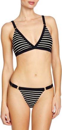 Robin Piccone Parker Stripe Rib Bikini Bottoms in Black/Ecru at Nordstrom, Size Large