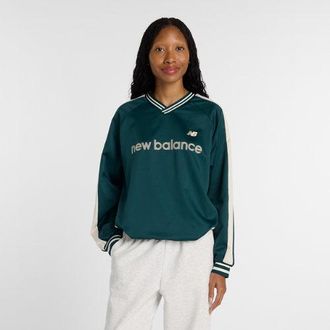 New Balance Mujer Satin Woven Pullover en Verde/Blanco, Nylon tejido, Talla XL